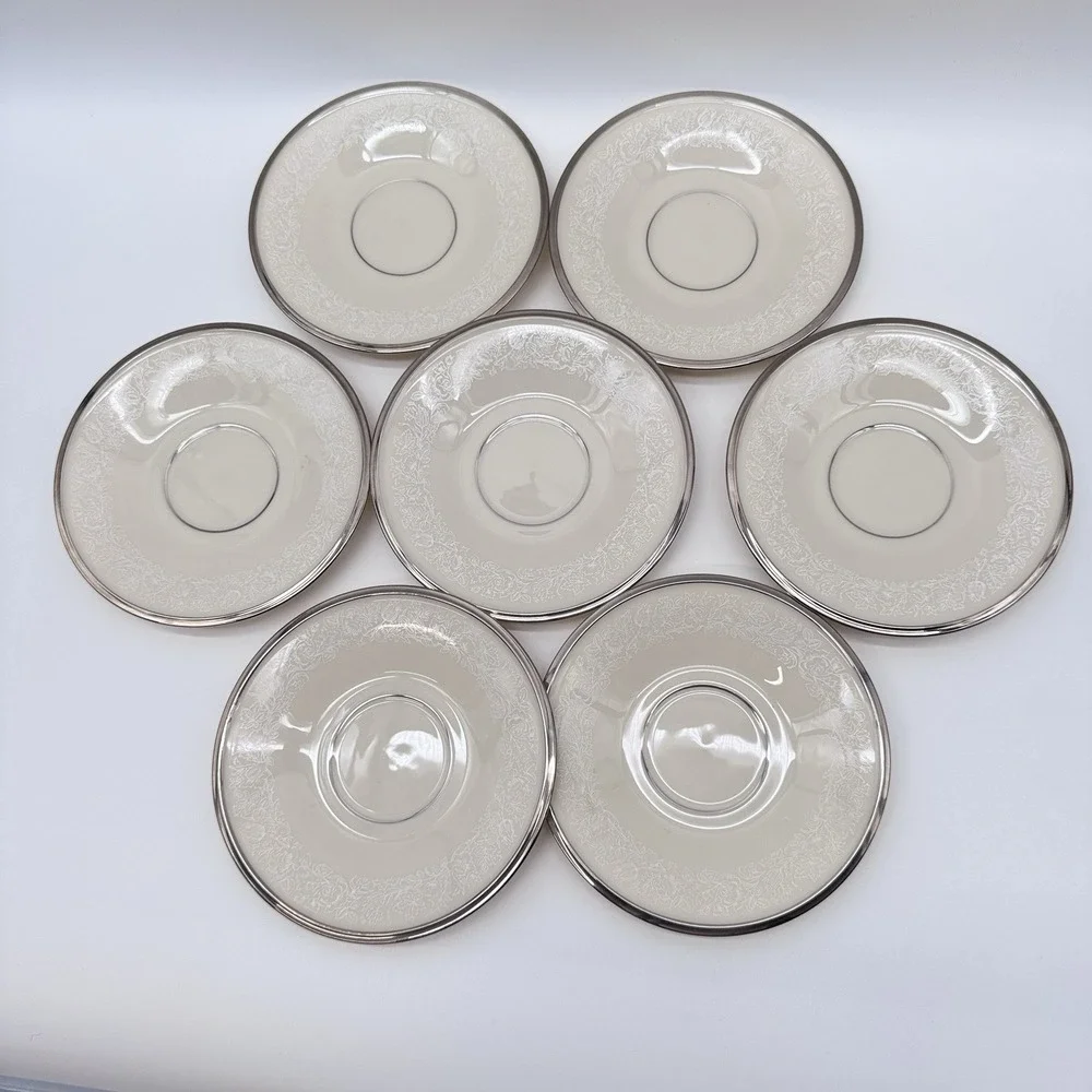 Set of 7 Vintage Lenox Moonspun Saucers Ivory China Platinum Trim 6